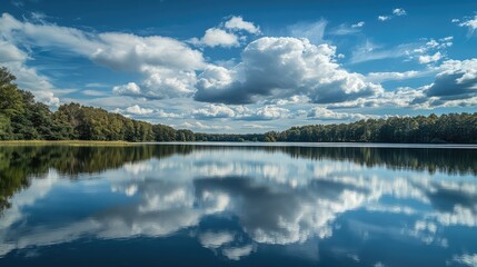 Obraz premium A serene lake with a reflection of shifting, dreamlike clouds, capturing the essence of time drifting gently across the surface.