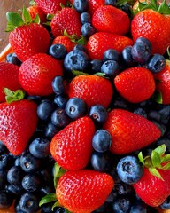 Close image of strawberry and blueberry, good for background