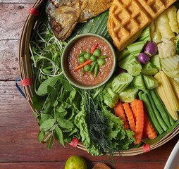 Fried mackerel with shrimp paste sauce and vegetable set. Authentic Thai food.