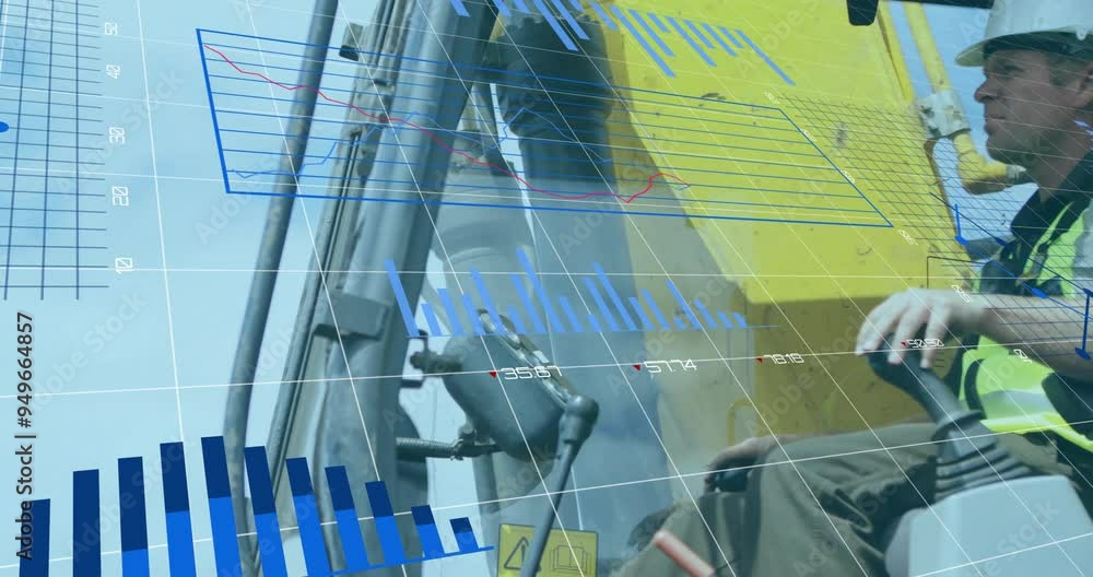 Poster financial data charts and graphs animation over construction worker operating machinery
