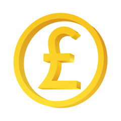 Golden 3D shape of Pound sterling currency logo in a ring circle. Embossed Pound sterling icon.