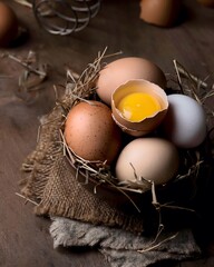 Raw chicken eggs and bowl with yolk on wooden table, closeup