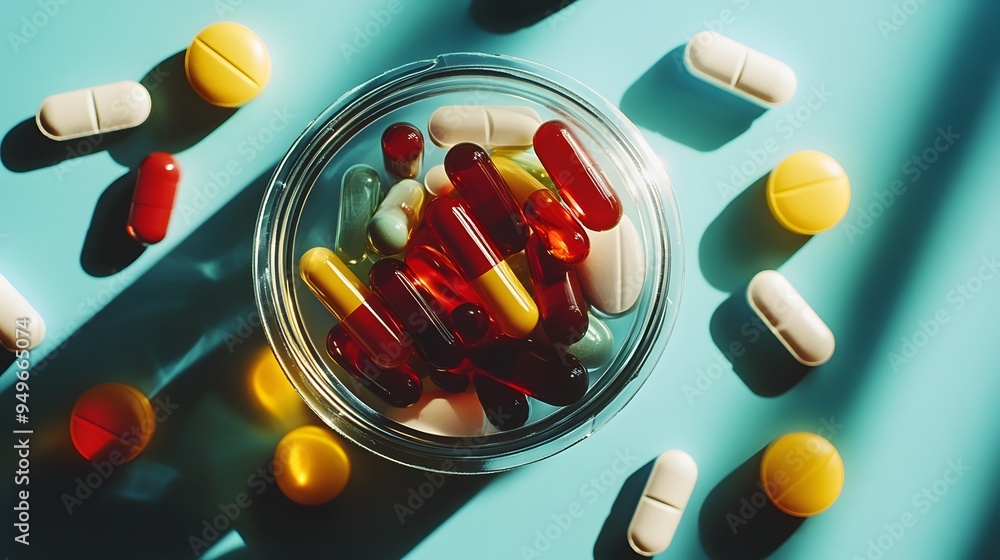 Aufkleber 2. a container of multivitamins with different colored pills scattered around