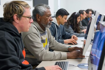 Adult Learners Engaged in Evening IT Class with Instructor Assistance in Modern Classroom