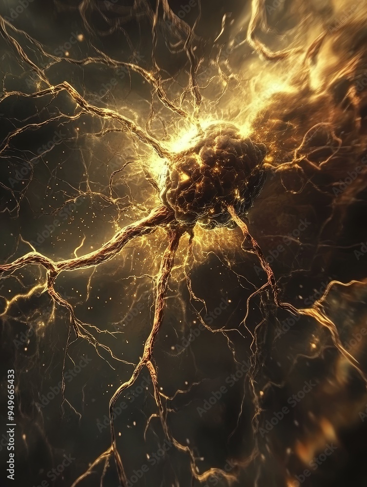 Poster a striking abstract depiction of a nerve impulse, highlighting the intricate network of neurons and 