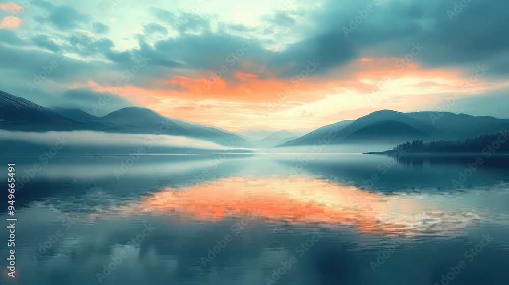 Poster a soft-focus image of fleeting reflections of distant mountains and clouds on a serene, reflective b