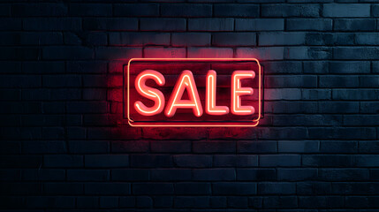 SALE written in a neon sign, glowing brightly against a dark brick wall.


