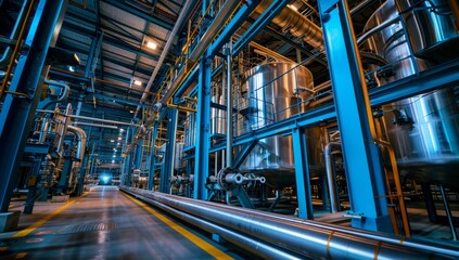 Fototapeta premium Industrial Facility with Large Metal Tanks and Pipes