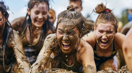 Group of Friends Enjoying a Mud Run, Covered in Mud and Tackling Obstacles Together