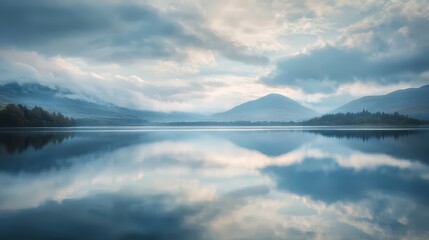 A soft-focus image of fleeting reflections of distant mountains and clouds on a serene, reflective body of water.