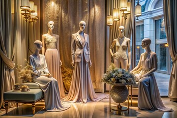 Luxurious mannequins surrounded by sumptuous fabrics and metallic accents in a modern boutique window display at dawn with soft pastel hues and subtle shadows.