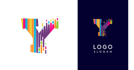 Colorful stripes transitioning into pixel-like elements fat logo template, letter Y, abstract equalizer logotype for tech, creative studio, media, digital branding. Vector illustration