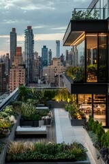 Fototapeta premium Rooftop garden with a variety of indoor and outdoor plants. Modern city buildings surrounding the space, Generative AI