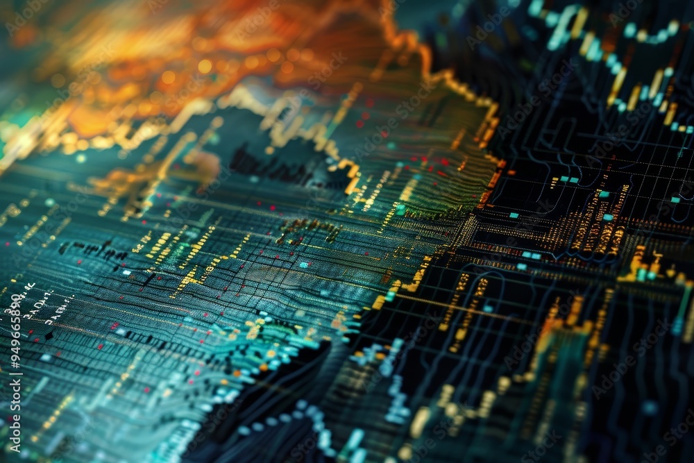 Poster detailed view of a computer circuit board showing microchips, capacitors, and connectors, the blend 