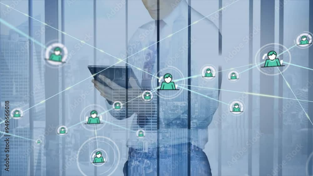Poster network of connections and data processing animation over businessperson using tablet