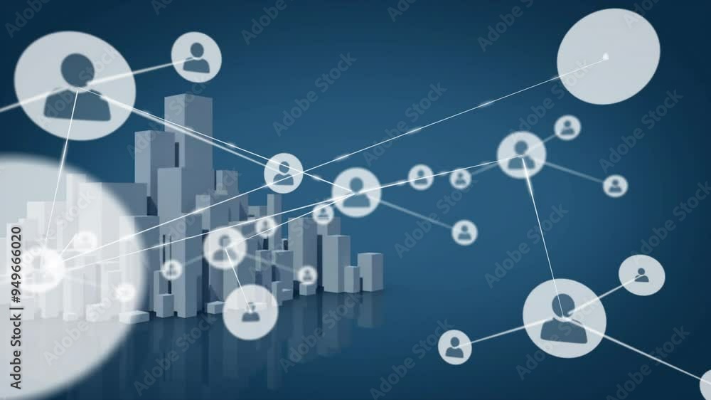 Poster Network of connected user icons animation over cityscape