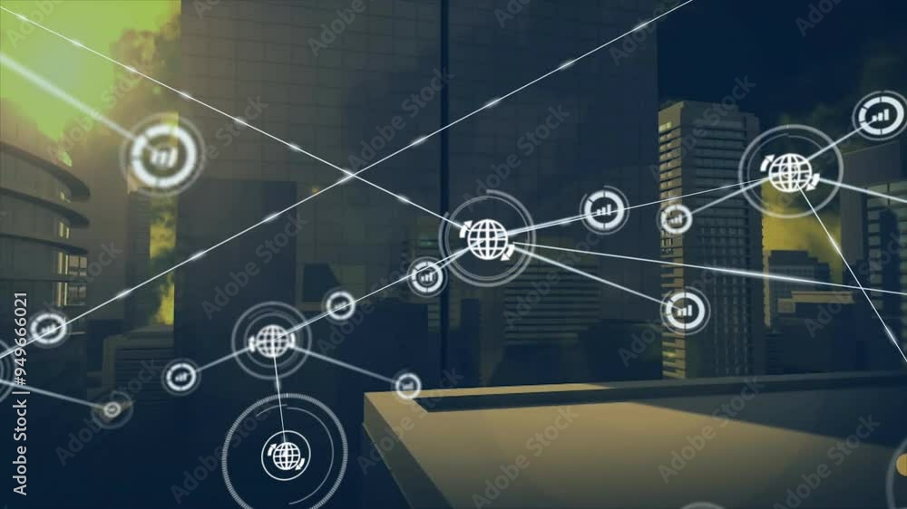 Poster network of connections and data processing animation over cityscape background