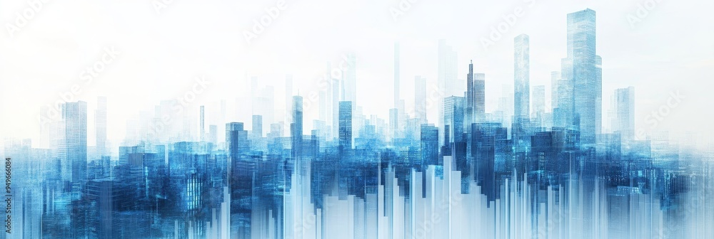 Poster a stylized abstract cityscape with a blue and white color scheme. the buildings are represented by v