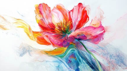 Obraz premium Colorful temporary art piece of a painted flower, displayed on a dynamic abstract white-light grey background, creating a stunning visual impact