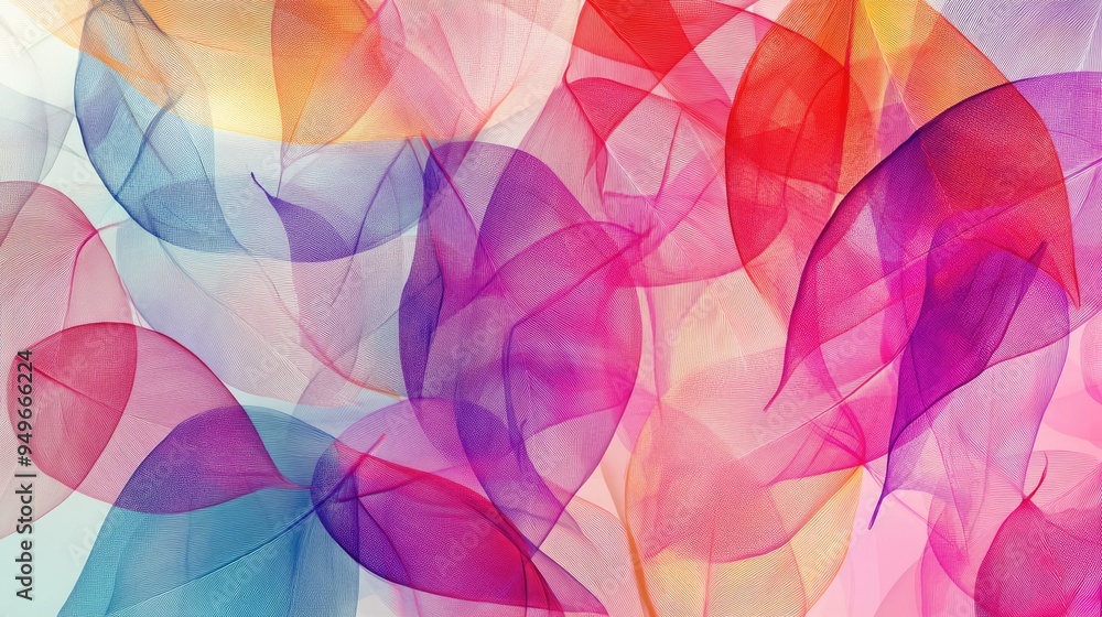 Poster colorful transparent leaves in a dynamic abstract pattern, overlapping vibrantly on a white-light gr