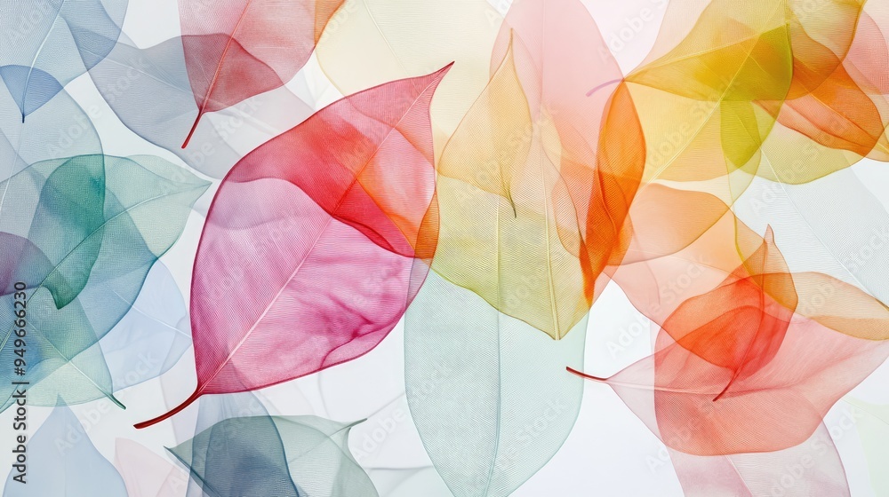 Poster colorful transparent leaves in a dynamic abstract pattern, overlapping vibrantly on a white-light gr