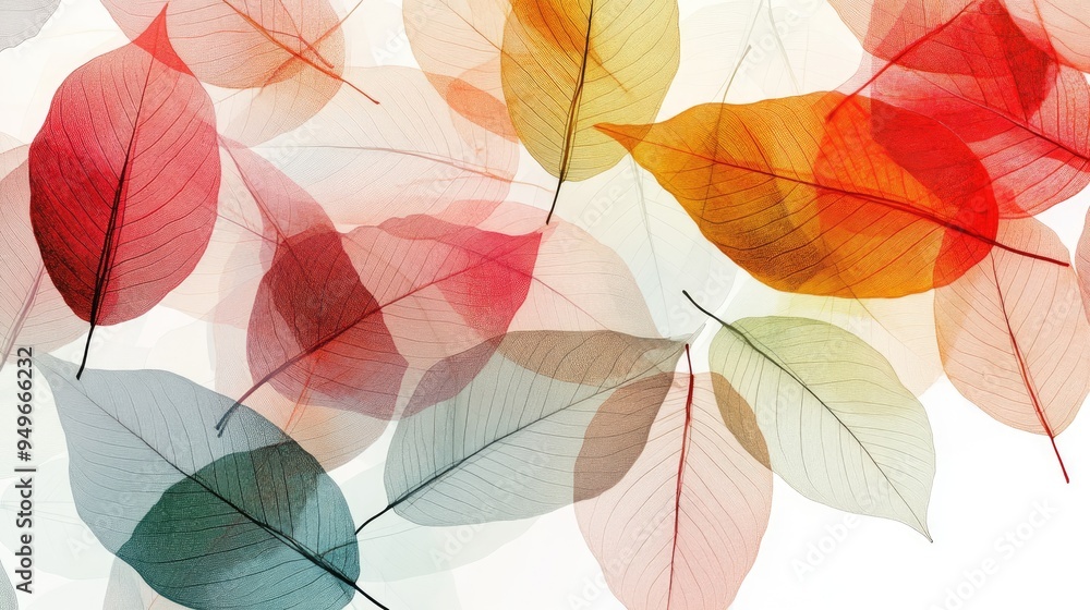 Poster colorful transparent leaves in a dynamic abstract pattern, overlapping vibrantly on a white-light gr