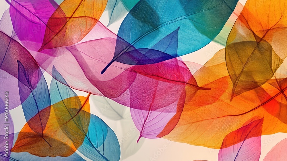 Poster colorful transparent leaves in a dynamic abstract design, with vibrant overlapping patterns on a whi