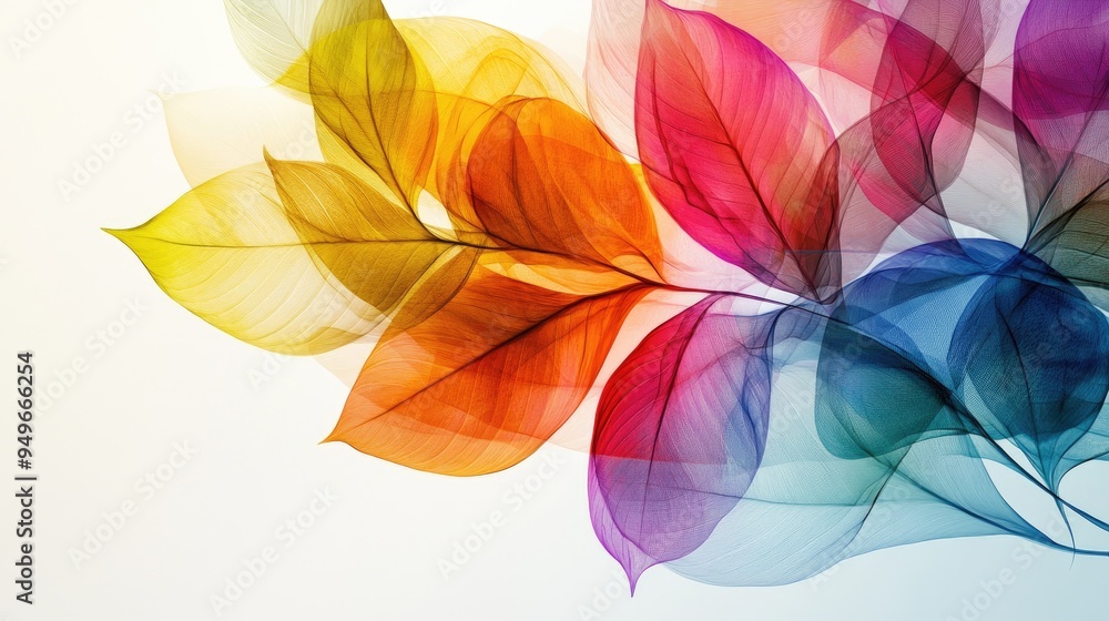 Poster colorful transparent leaves in a dynamic abstract design, with vibrant overlapping patterns on a whi