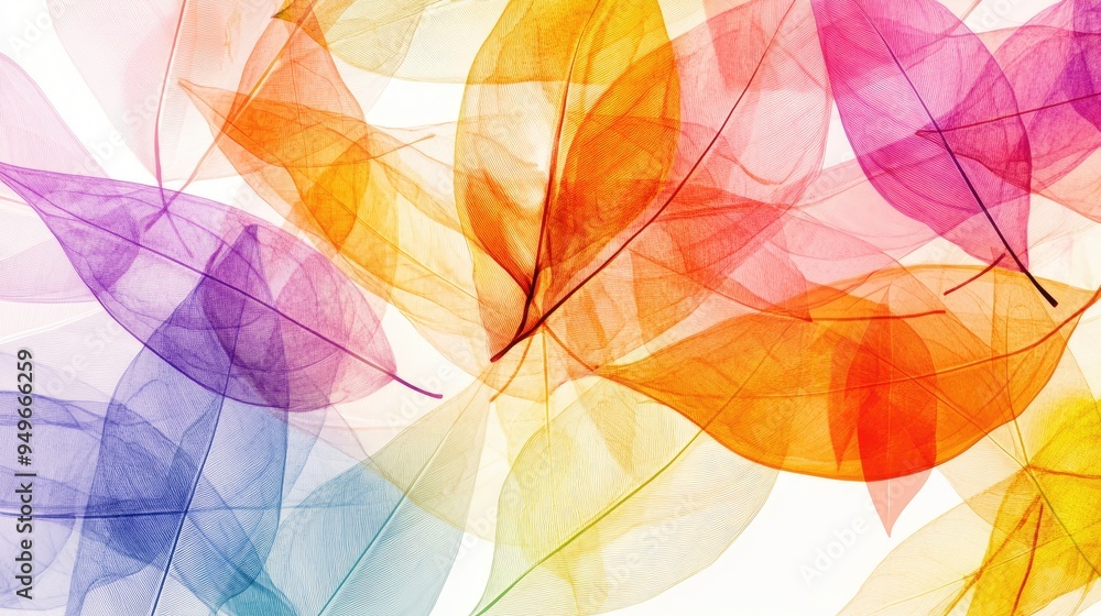 Poster colorful transparent leaves in a dynamic abstract design, with vibrant overlapping patterns on a whi
