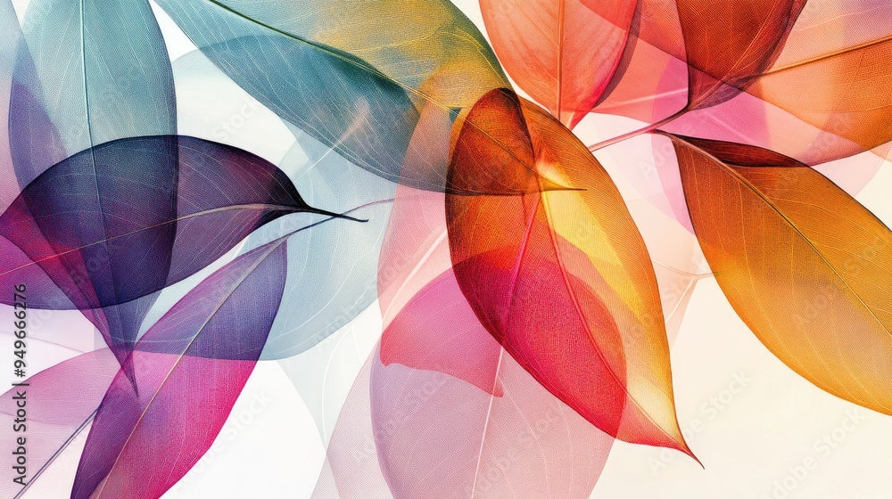 Poster colorful transparent leaves in a vibrant overlapping pattern, set against a dynamic abstract white-l