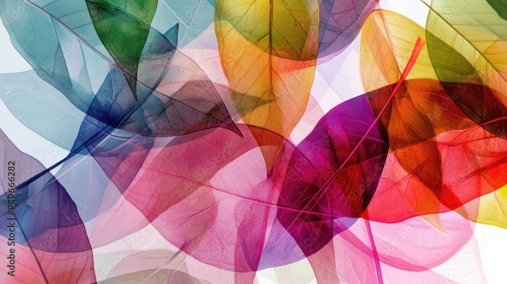 Poster colorful transparent leaves in a dynamic abstract design, with vibrant overlapping patterns on a whi