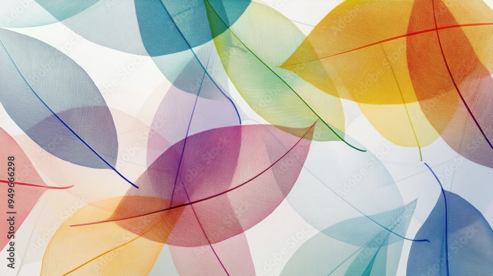 Poster colorful transparent leaves in a vibrant overlapping pattern, set against a dynamic abstract white-l