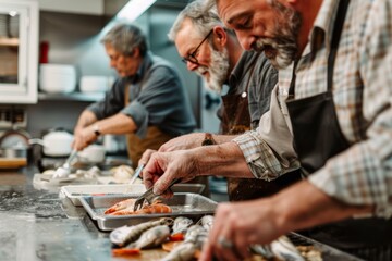 Middle-Aged Friends in Cooking Class Preparing Seafood Dishes with Expert Chef Guidance