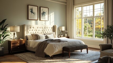 Cozy and beautifully decorated bedroom with comfortable furnishings, luxurious textiles, and a calm atmosphere