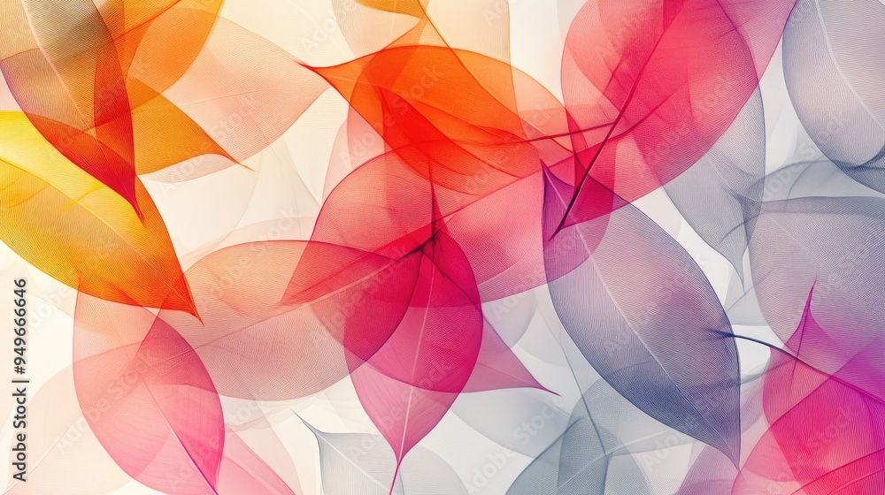 Poster dynamic abstract design of transparent leaves in vibrant overlapping patterns, with a white-light gr