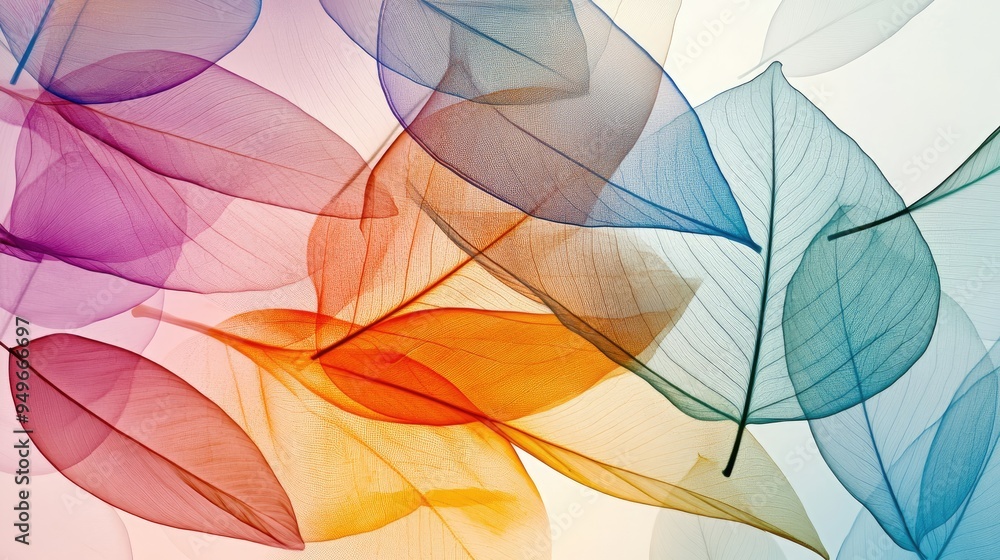 Poster dynamic abstract design of transparent leaves in vibrant overlapping patterns, with a white-light gr