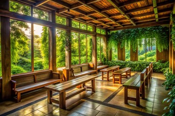 Fototapeta premium rustic wooden benches amidst lush greenery serene prayer room soft natural light gentle shadows peaceful ambiance contemplative solitude