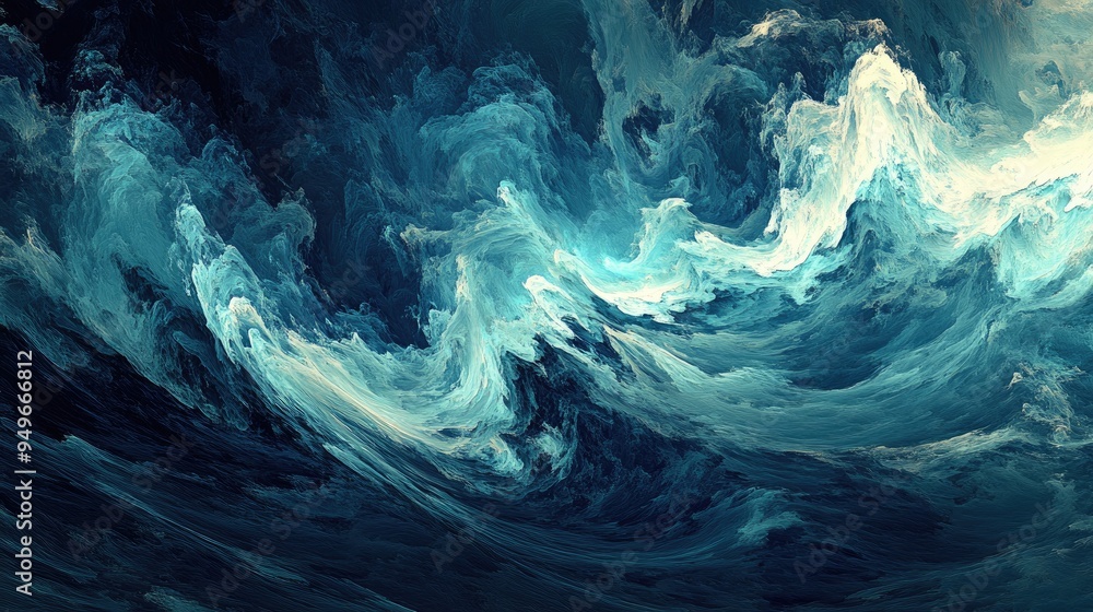 Poster elegant abstract digital image of shimmering waves in a stormy sea, with smooth flowing swirls, set 