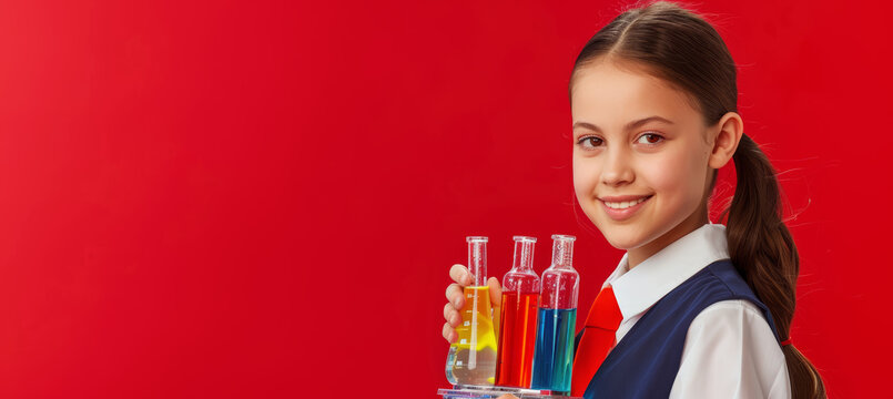 Happy Schoolgirl with Ponytail Holding Science Experiment Tools on Bright Red Background for Educational Themes
