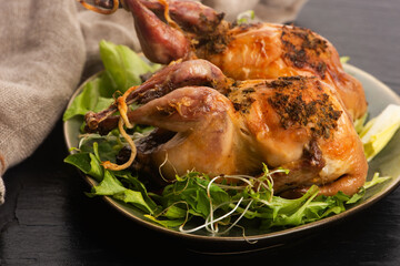 Baked tasty quails on ceramics plate with salad