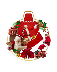 Santa brings joy in playful ornament collage, surrounded by gifts, gingerbread men, and holiday cheer, all against white background. Contemporary art. Concept of Christmas, celebration, 2025. Postcard