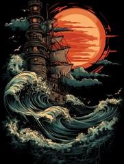 A dramatic scene featuring a ship near a lighthouse under a large, red moon and turbulent waves.