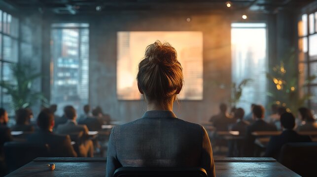 Female Conference Speaker Seen from Behind