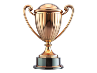 A golden trophy with an elegant design, featuring a large cup on a pedestal base, isolated against a white background
