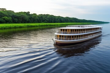 Obraz premium Luxury River Cruise Ship Sailing Through Lush Rainforest