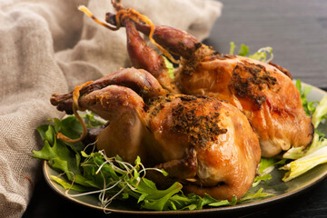 Baked tasty quails on ceramics plate with salad