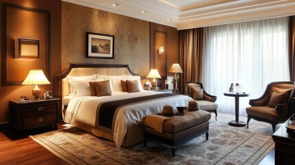 Luxury bedroom with comfortable furnishings, elegant decor, and a relaxing atmosphere, creating a perfect retreat for rest