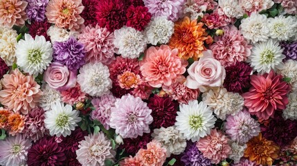 A vibrant and cheerful flower wall background featuring a mix of red, orange, and pink blossoms. The flowers create a beautiful and intricate pattern, perfect for adding a touch of nature and beauty t