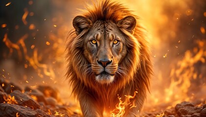 Fototapeta premium Majestic Lion Walking Through Flames in a Fiery Wilderness