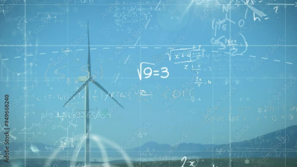 Poster mathematical equations and formulas animation over wind turbine in landscape